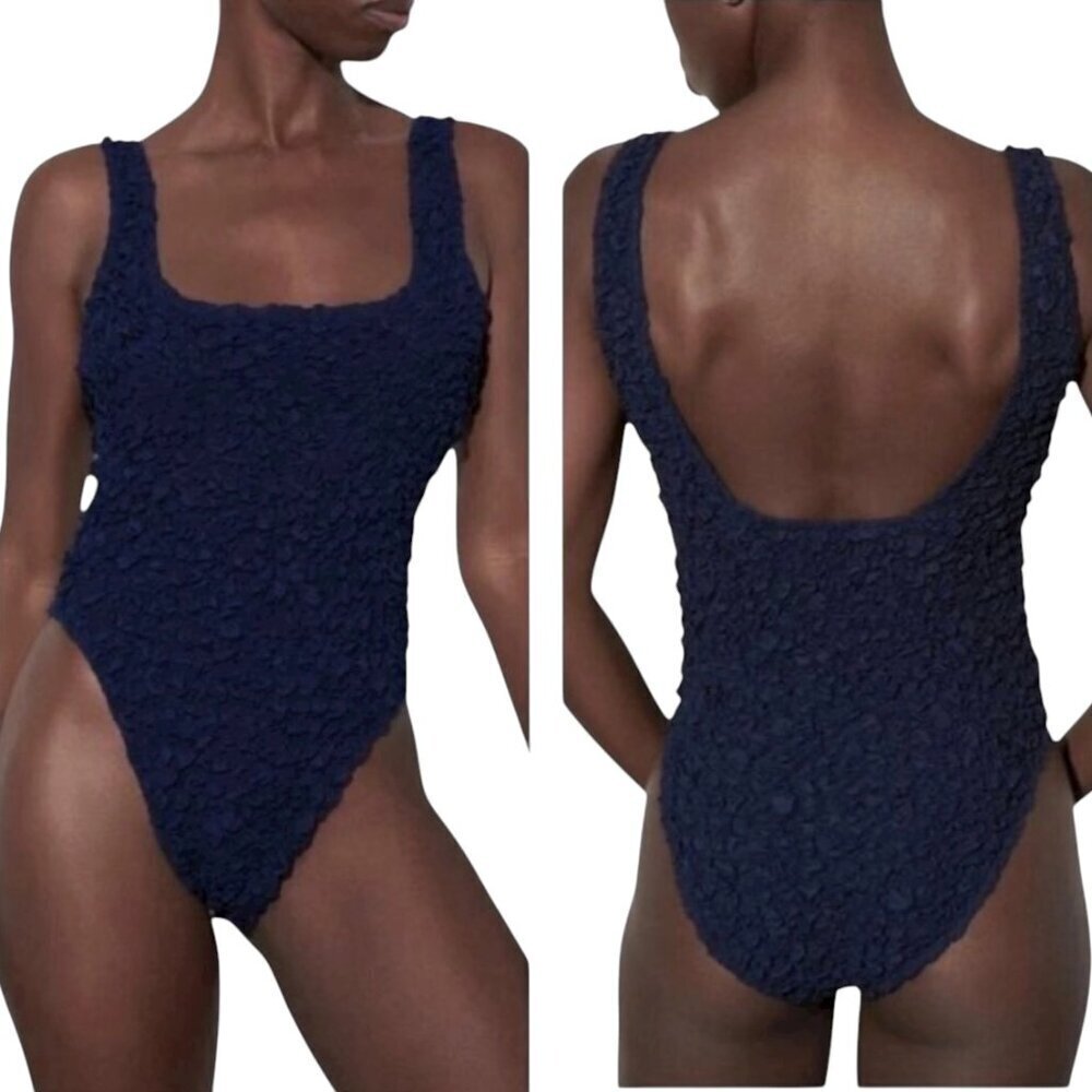 Mara Hoffman Isa Popcorn Bodysuit Navy 2X Textured Tencel One Piece